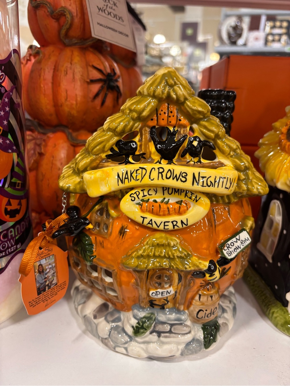 Blue Sky Orange Pumpkin Tavern house piece with Black Crow Accents